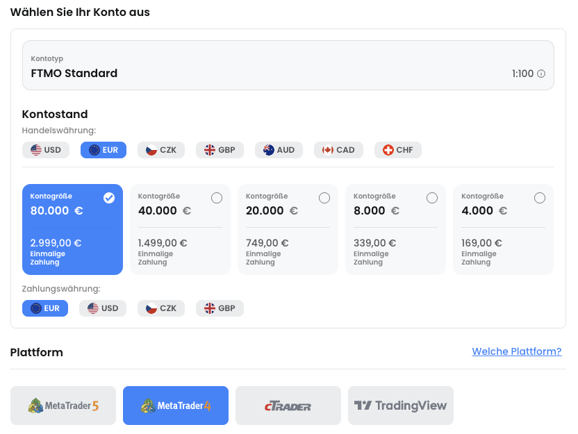 FTMO Instant Funding: Kontogrößen und Gebühren