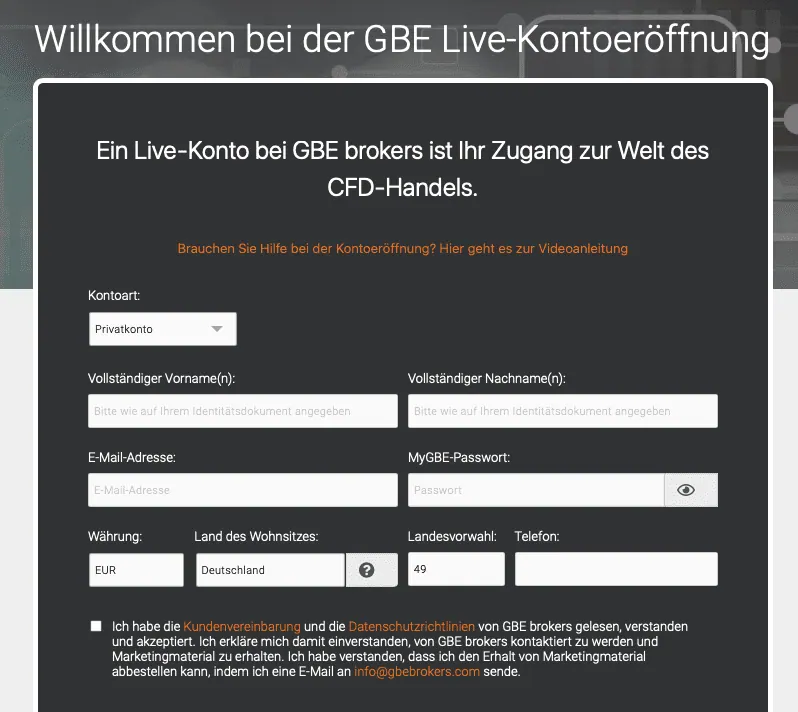 Kontoeröffnung bei GBE brokers für den MetaTrader 4 oder MT5