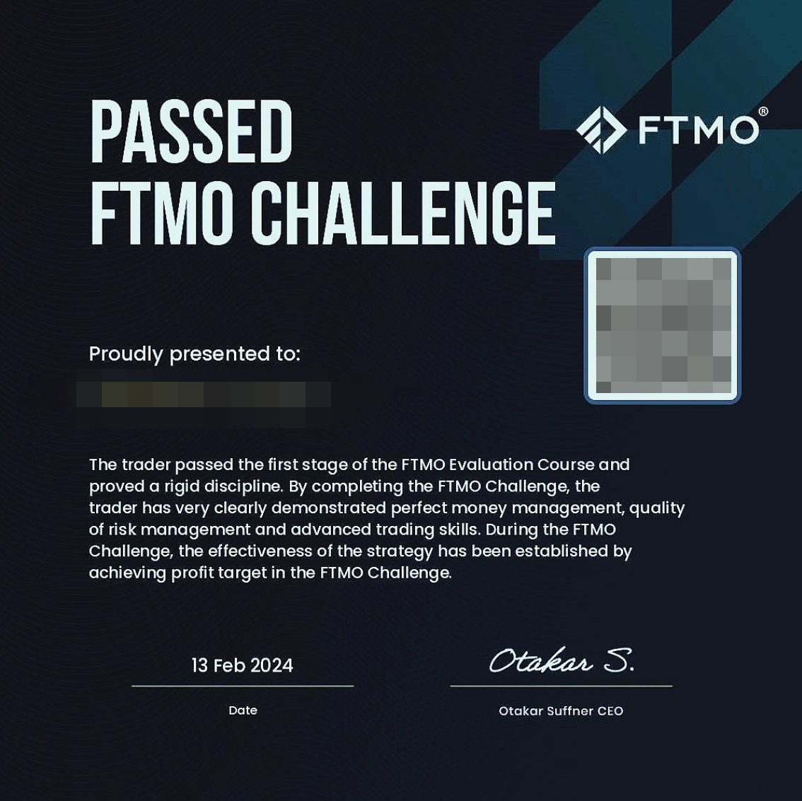 FTMO Zertifikat Passed FTMO Challenge 13. Feb 2024