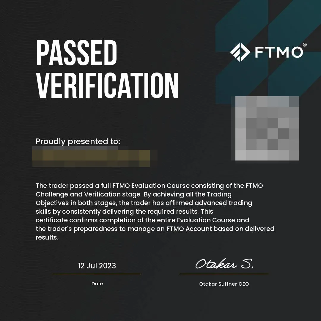 FTMO Zertifikat Passed Verification 12. Jul 2023